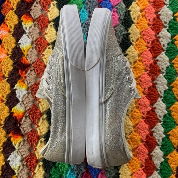 Vans Authentic Metallic Silver Glitter Lace Up Flat Skate Sneaker Waffle… - Picture 6 of 11